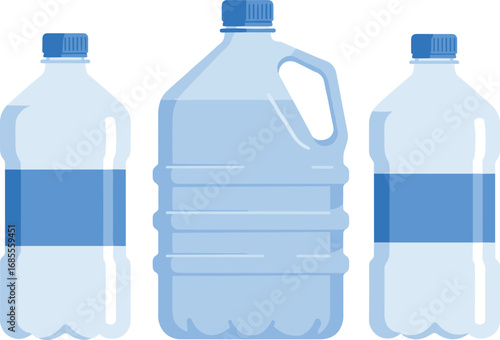 Vector illustration of plastic water bottles and large gallon container, blue packaging design, beverage storage, hydration supply, eco friendly drinking and recycling concept