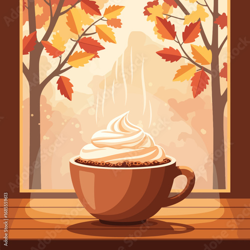 A warm mug of coffee topped with whipped cream sits by a window overlooking autumn foliage.