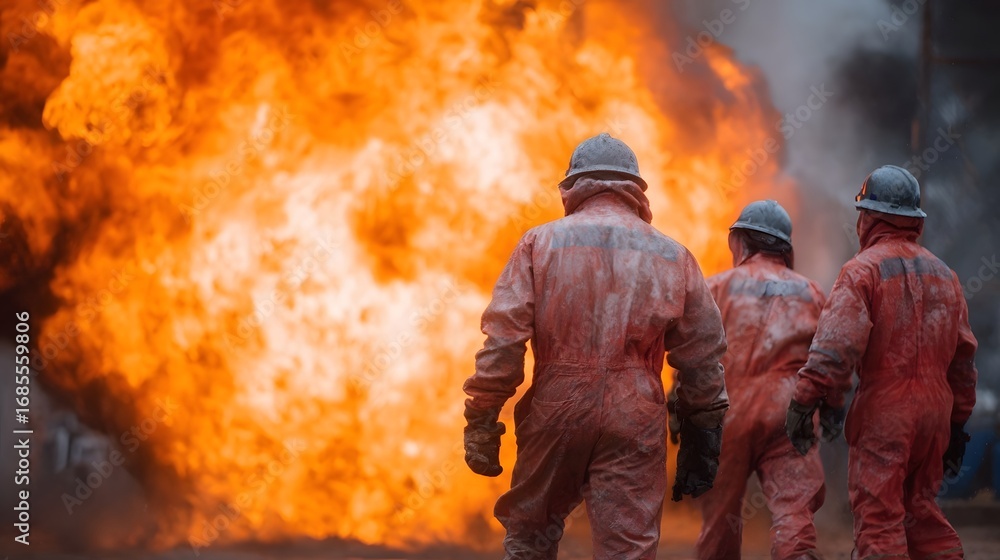 Naklejka premium Three workers in protective suits and helmets observe a massive intense blaze signifying a hazardous industrial environment or safety training
