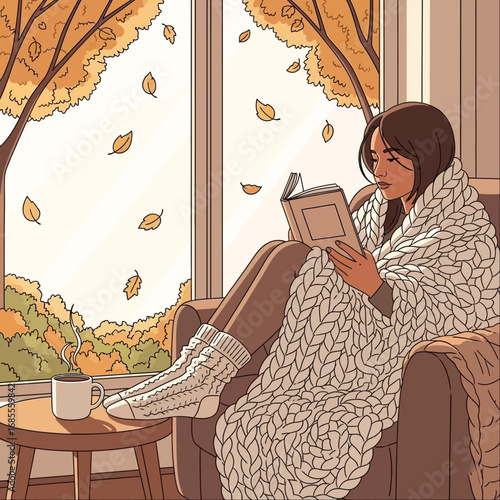 A woman wrapped in a blanket reads a book by a window overlooking autumn foliage.