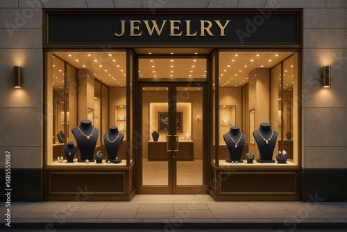 Luxury jewelry store storefront with large glass windows, elegant “Jewelry” sign above entrance,