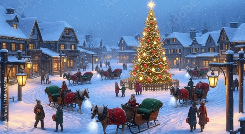 Festive Snowy Village Christmas Tree Square Scene