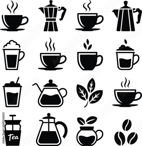 Black Silhouette Coffee And Tea Icons Collection On White Background coffee cup tea cup