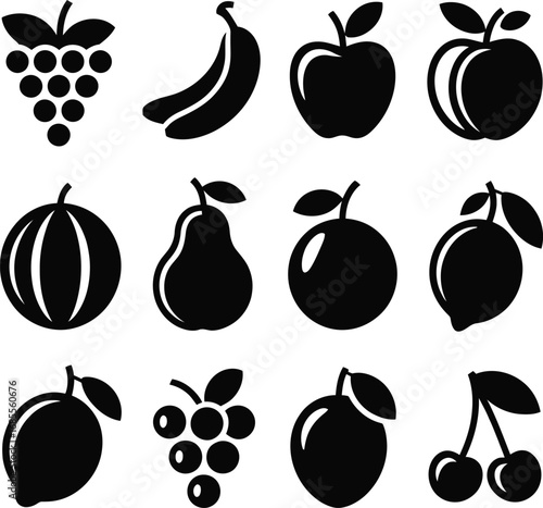 Black Silhouette Fruit Icons Collection On White Background grape banana