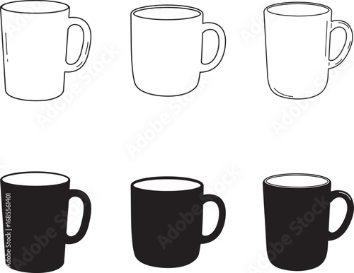 Simple Mug Collection Black and White Hand Drawn Vector Illustration