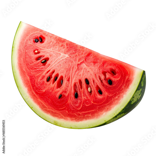 Freshly cut slice of ripe red watermelon with black seeds and green rind, isolated on a solid black background.
