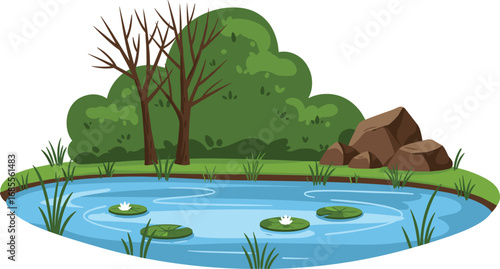 Vector illustration of natural pond landscape with water lilies, green bushes, rocks, grass, and trees, eco friendly outdoor environment scene design