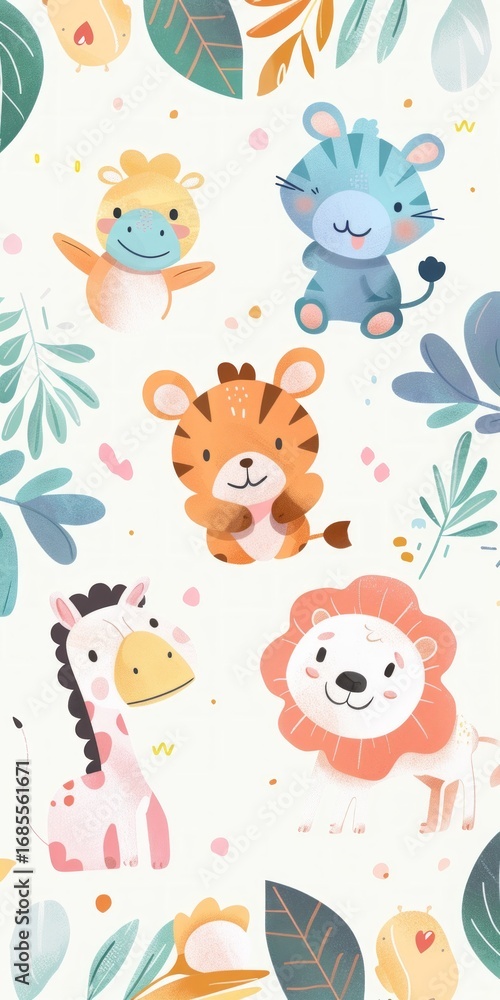 Obraz premium Cute Animal Illustrations with Leaves