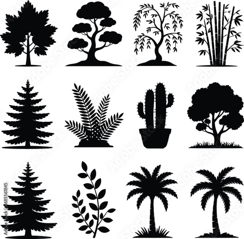 Collection of Black Silhouette Trees and Plants on White Background nature