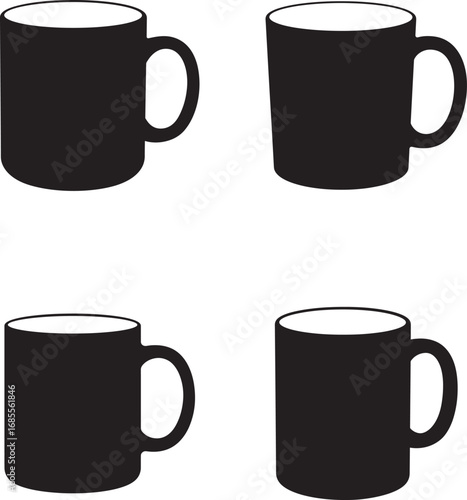 Four Black Coffee Mugs Arranged on a White Background