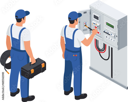 Vector illustration of electrician technician working with electrical panel, maintenance tools, wiring installation, circuit breaker repair, power system service, energy equipment safety