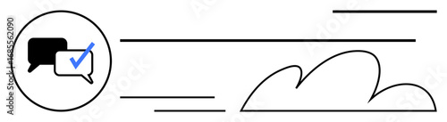 Two speech bubbles, one with check mark, surrounded by swift lines and a cloud. Ideal for messaging apps, communication, verification, speed, trust simplicity and technology. A simple flat metaphor