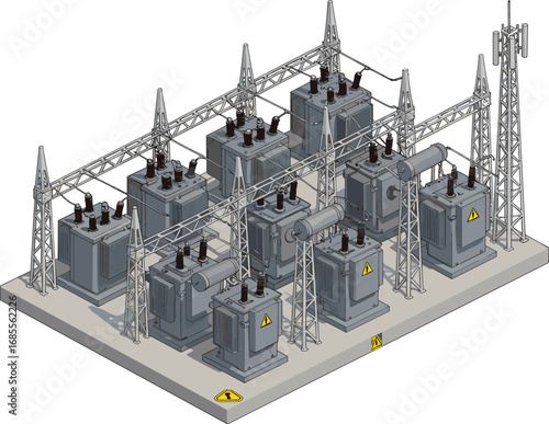 Vector illustration of electrical substation with high voltage transformers, power distribution equipment, industrial energy station, electricity grid infrastructure, transmission tower system design
