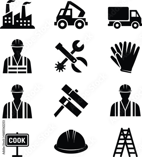 Construction And Industrial Icons With Factory Worker And Tools industry hard hat