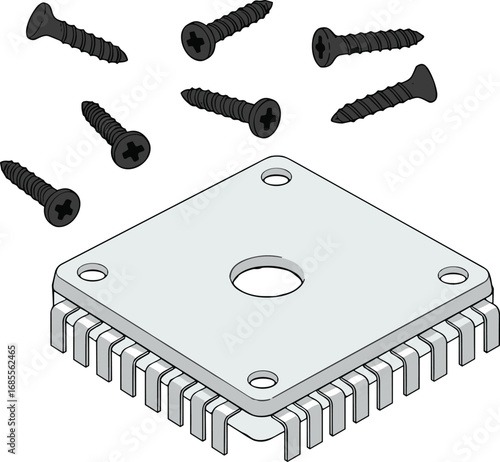 Vector illustration of metal screws and electronic heatsink hardware, technical drawing of fasteners and cooling component, industrial mechanical engineering tool design