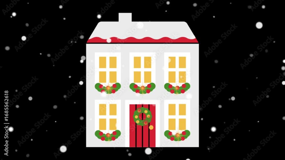 custom made wallpaper toronto digitalAnimated house with Christmas wreaths and snowfall creating a festive winter holiday scene.