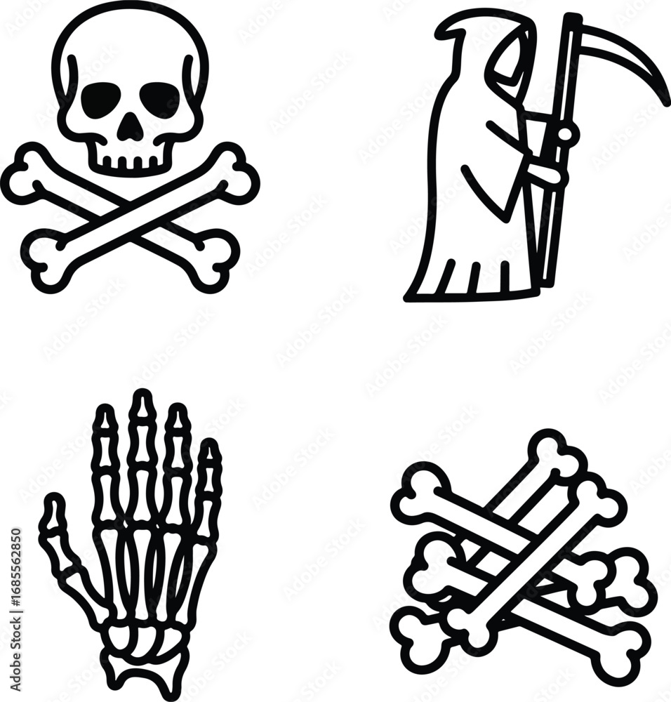 Fototapeta premium Grim reaper and skull symbols representing death and mortality in minimalist style, evoking a spooky and ominous mood.