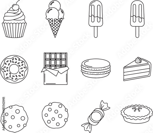 Black and White Outline Icon Set of Desserts and Sweets