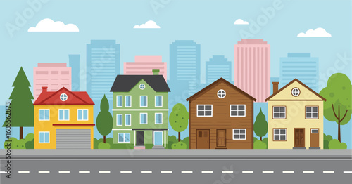 Vector illustration of suburban houses, modern residential street, city skyline background, urban neighborhood, colorful homes, trees, road view, contemporary architecture design