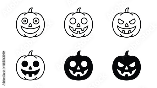 Halloween Jack-o'-Lantern Vector Icons:  Six Diverse Line Art and Solid Pumpkin Designs, Featuring Happy, Grinning, and Evil Expressions, Perfect for Festive Digital Designs and App Interfaces.