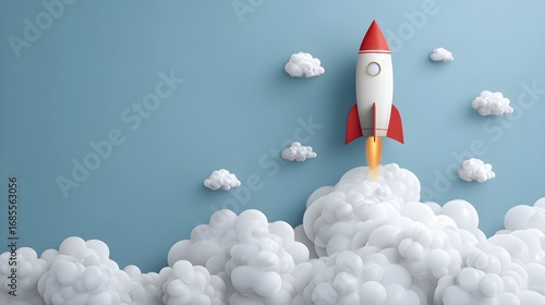 Retro rocket launch with fluffy clouds, symbolizing ambition, innovation, and achieving goals, pastel aesthetic.