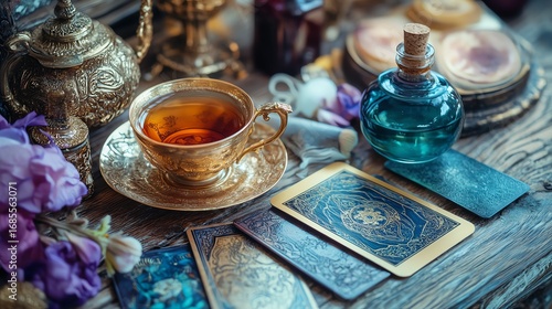 Teacup and skincare tools beside tarot cards or oracle deck