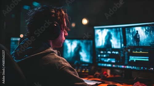 Focused video editor working late in a dark post-production studio, cinematic color grading