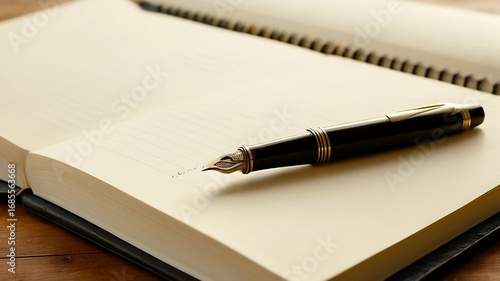 A classic fountain pen is positioned on an open leather notebook, with natural light streaming in from the side.