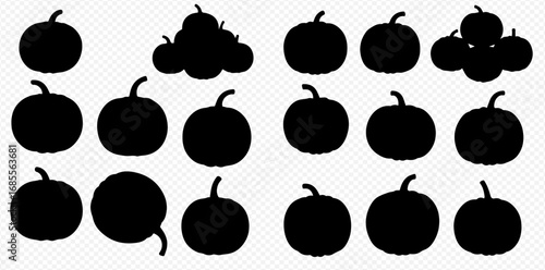 Collection of black pumpkin and gourd silhouettes in various arrangements on a transparent background, featuring individual and stacked designs.