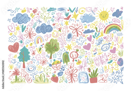 Wallpaper Mural PrintColorful Hand Drawn Doodles Illustration with Sun Clouds Rainbow Trees and Hearts for Kids Creativity and Childhood Memories Ideal for Scrapbooking and Backgrounds Torontodigital.ca