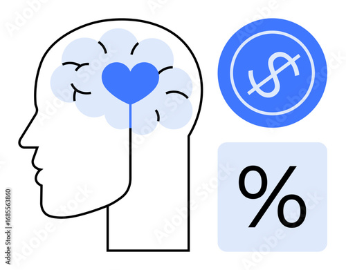 Outline of a human head with brain and heart, dollar and percentage symbols. Ideal for finance, decision-making, emotions, mental health, psychology, budgeting investments. Simple flat metaphor