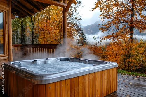 Relaxing autumn hot tub escape in a stunning mountain view with steamy water wooden deck and vibrant fall foliage
