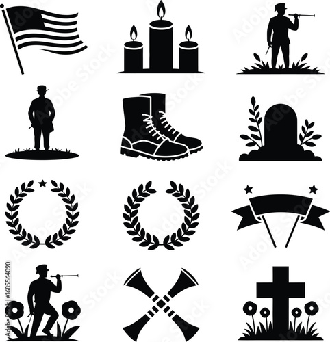 Memorial Day Icons Black Silhouette Collection america flag