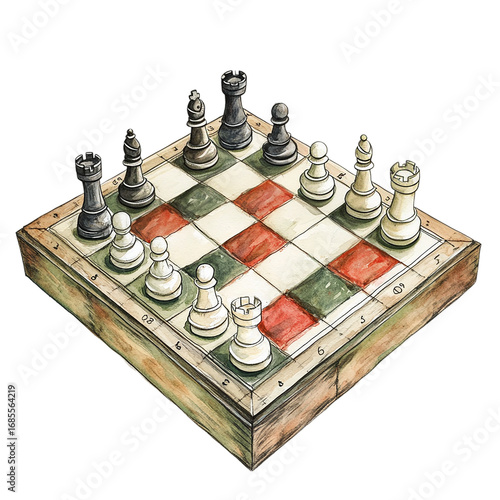 A colorful, illustrated chessboard featuring black and white pieces watercolor clipart isolated on white background