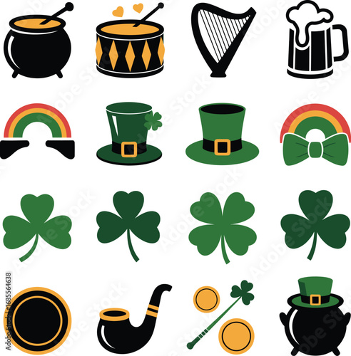 Saint Patricks Day Icons Collection With Pot Of Gold And Harp st patricks day ireland