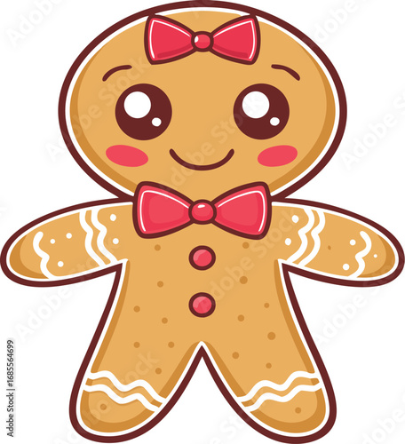 Cute kawaii gingerbread girl cookie character with pink bows and smiling face