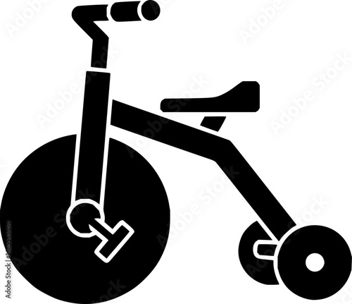 A simple black silhouette of a classic children's tricycle toy