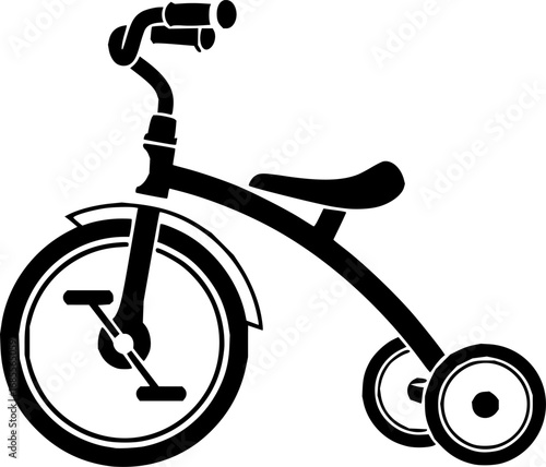 A simple black silhouette of a classic children's tricycle toy