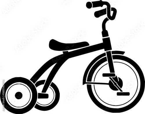 A simple black silhouette of a classic children's tricycle toy