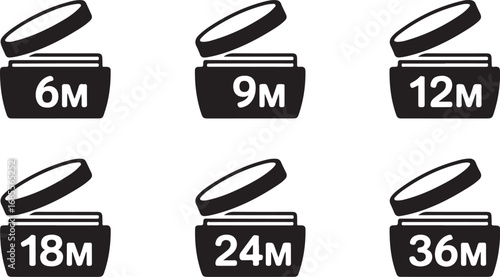 Six Black Icons Of Open Cosmetic Jars With Period After Opening Labels 6m To 36m container
