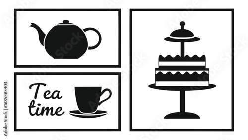Simple black and white illustrations of a teapot teacup and tiered cake for tea time