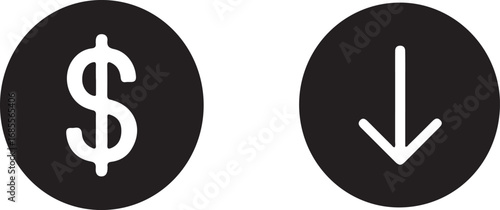 Two black circular icons with white dollar sign and downward arrow symbols down arrow currency