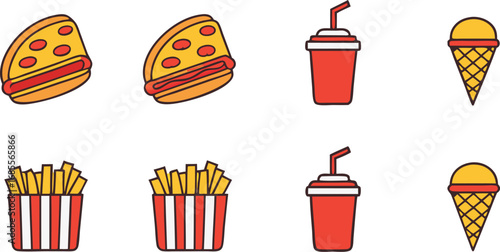 Collection of colorful cartoon fast food icons including burgers fries drinks and ice cream cones
