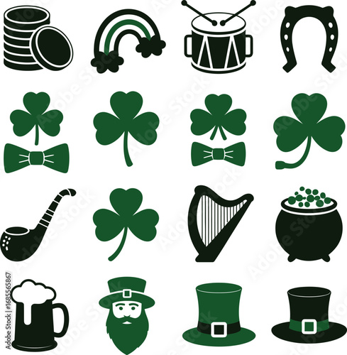 St Patricks Day Icons Green And Black On White Background vector illustration