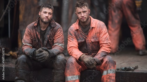 Two hardworking male industrial workers covered in dirt and wearing orange coveralls sit for a brief break at their demanding job site
