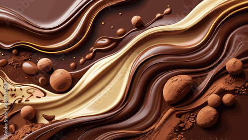 Delicious flowing chocolate in various shades with cocoa elements and textures