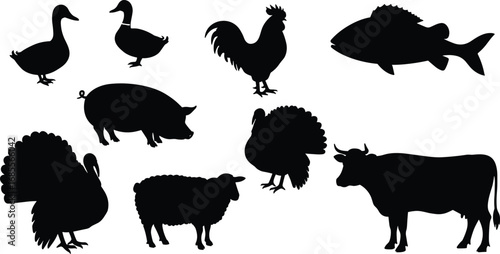 Vector illustration of farm animals silhouettes including cow, sheep, pig, rooster, duck, turkey, fish, agriculture livestock artwork for farming, dairy, poultry themes