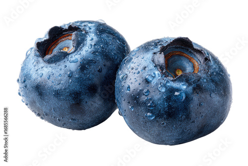 Two fresh blueberries, close-up, covered in water droplets