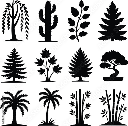 Twelve black silhouettes of trees and plants on a white background nature flora