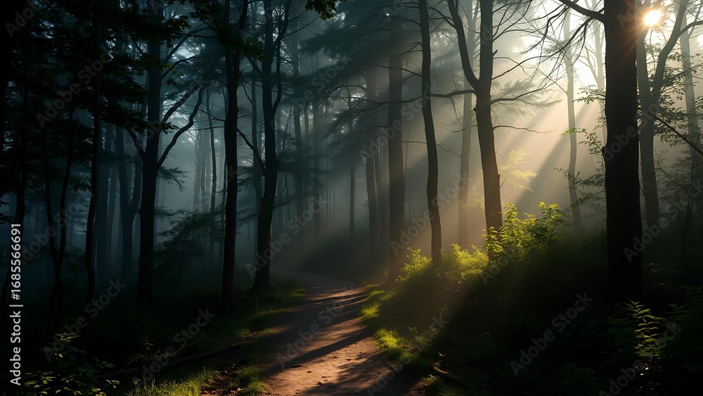 Obraz premium Misty forest trail in morning light